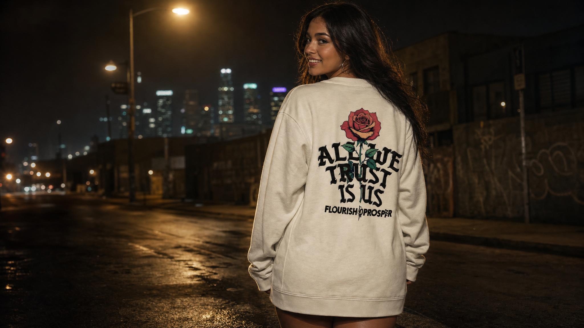 Model wearing the All We Trust Is Us cream crewneck on a dark Los Angeles street