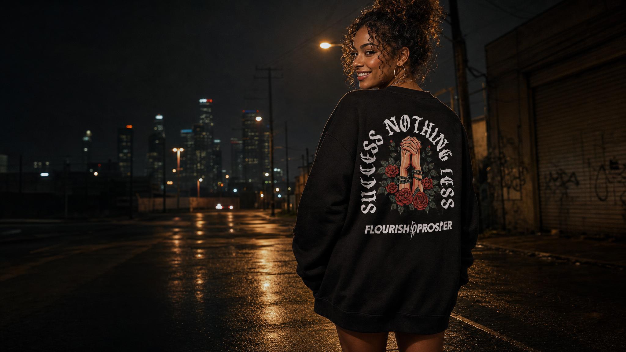 Model wearing the Success Nothing Less black crewneck on a dark Los Angeles street